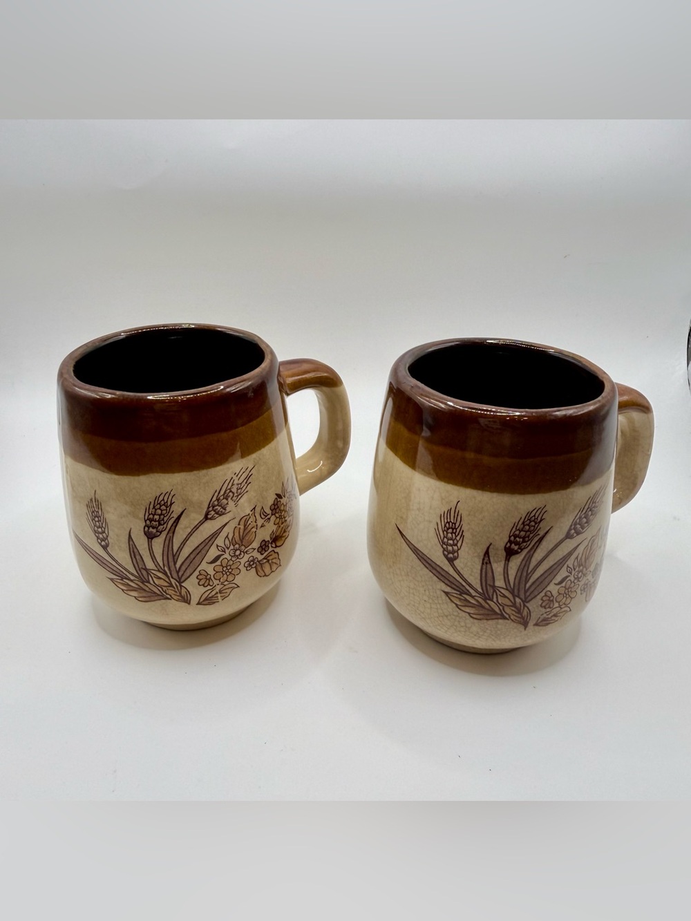 Vintage 1970s Drip Glaze Wheat Stoneware Mugs - Pair